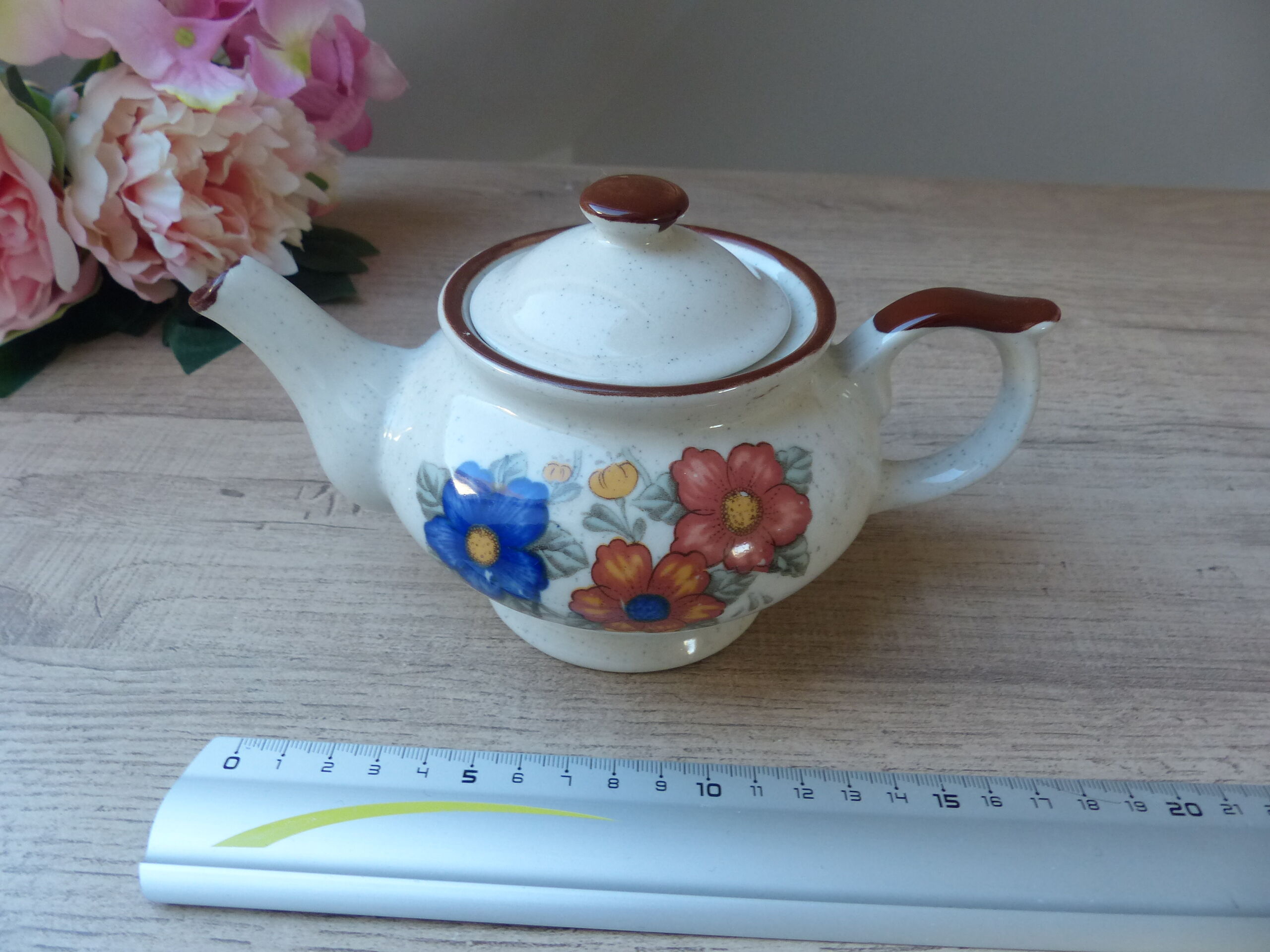 Coffee maker décor blue and orange flowers in real stoneware 1970