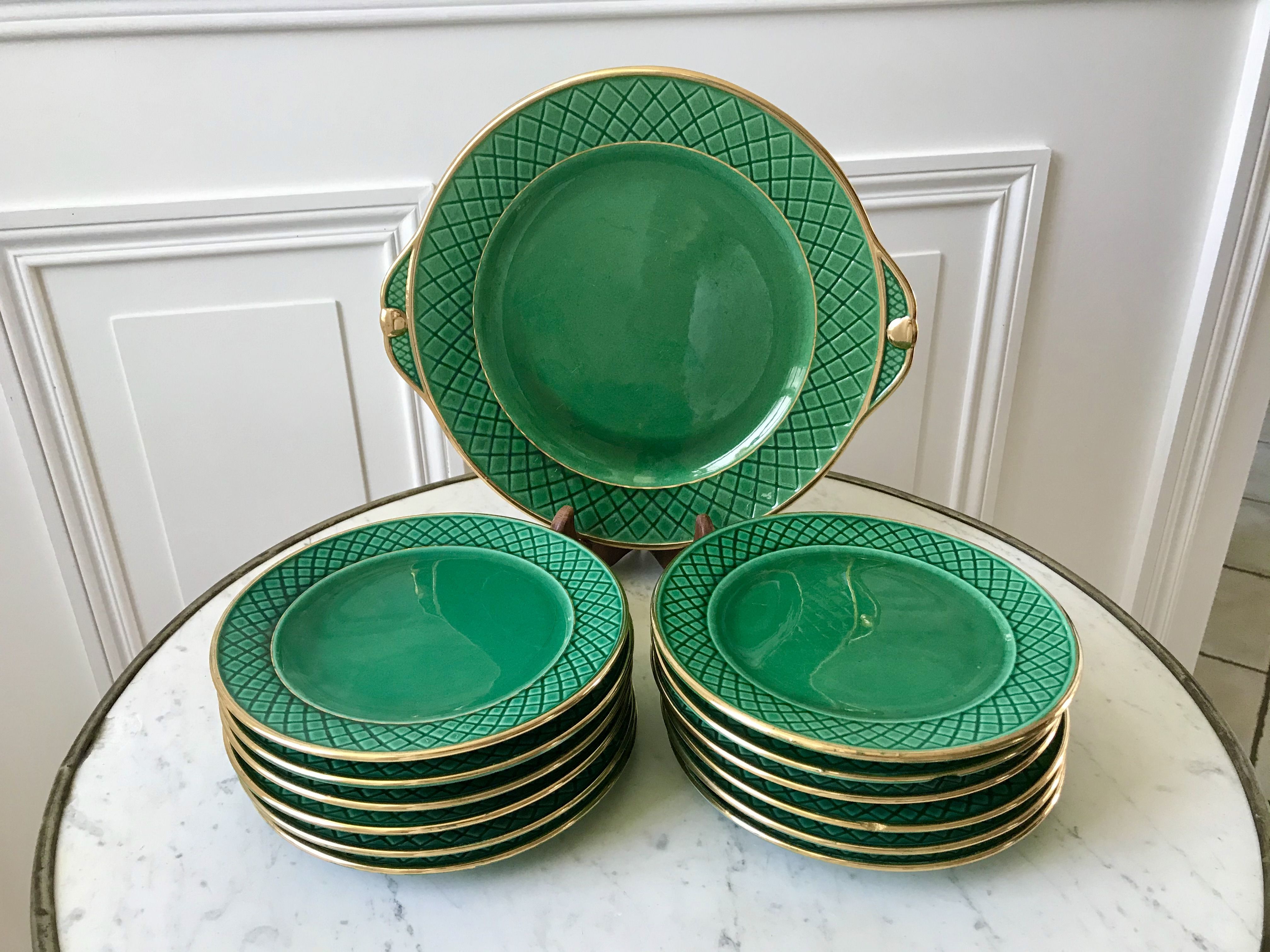 dessert service 12 dessert plates and a green and golden Art Deco cake dish 40s