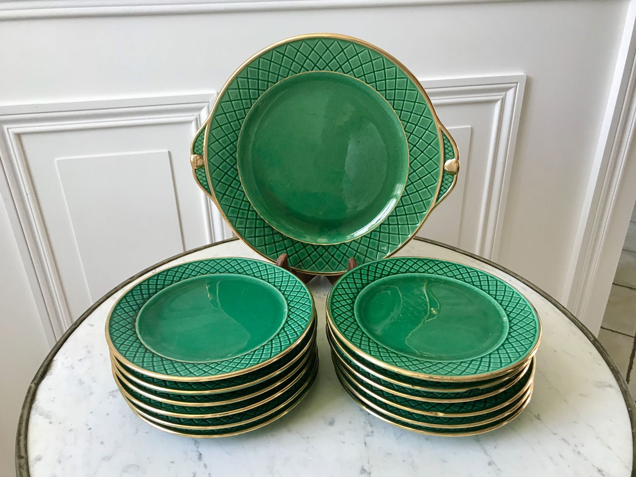 dessert service 12 dessert plates and a green and golden Art Deco cake dish 40s