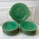 dessert service 12 dessert plates and a green and golden Art Deco cake dish 40s