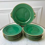 dessert service 12 dessert plates and a green and golden Art Deco cake dish 40s