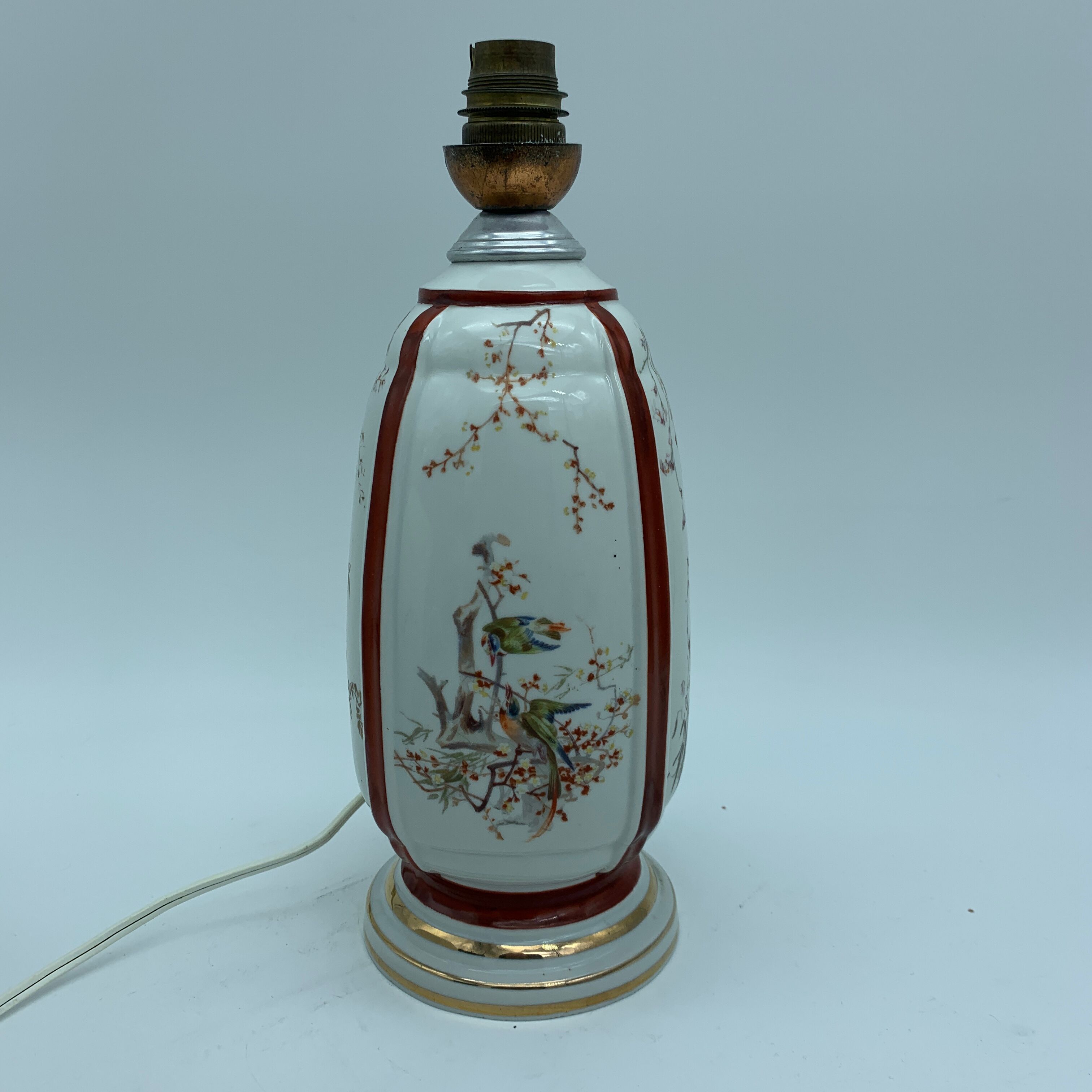 Foot antique porcelain lamp has early 20th century bird decoration (Limoges Paris?)