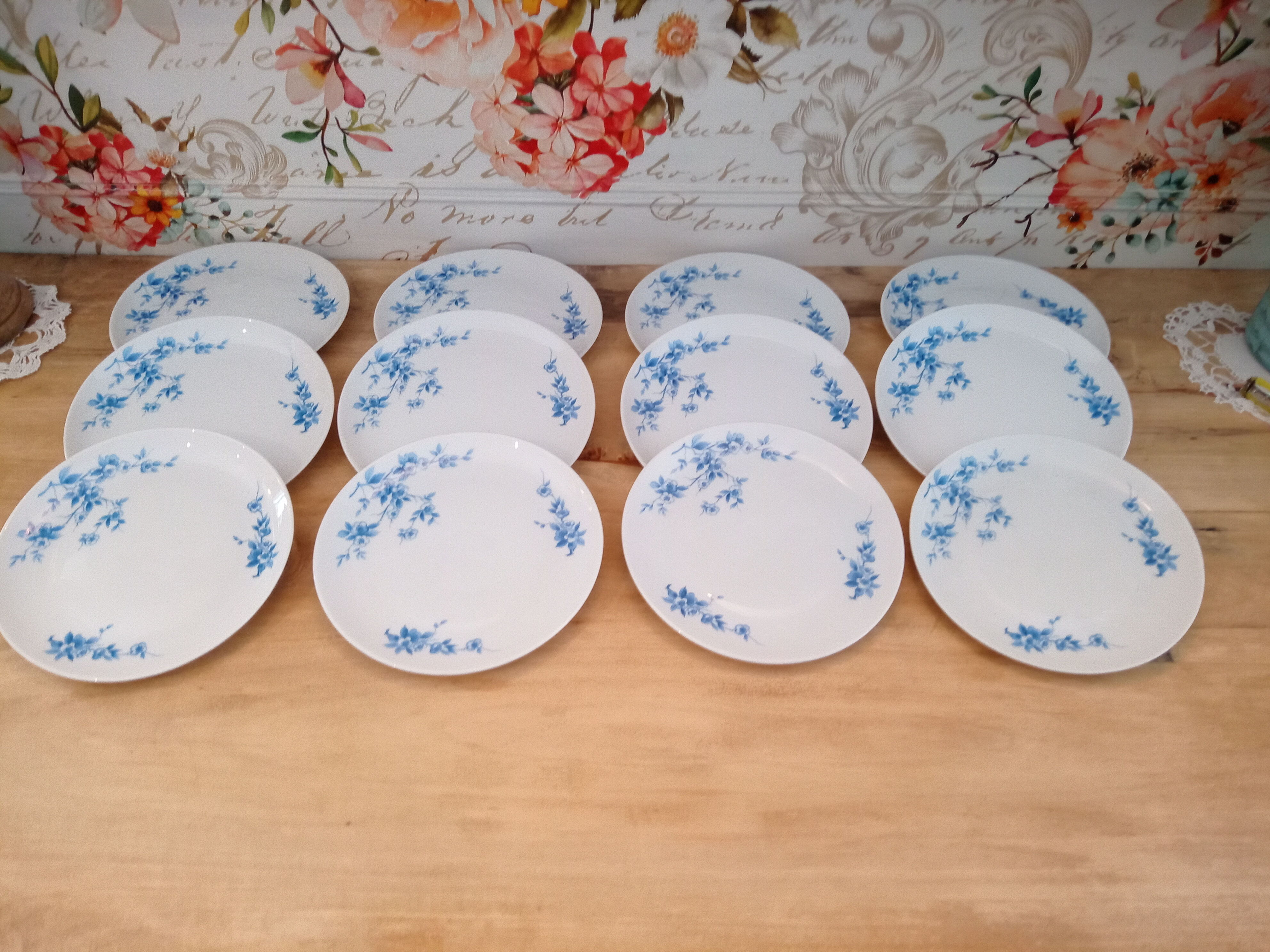 Lot de 12 petites assiettes en porcelaine décor petites fleurs bleues