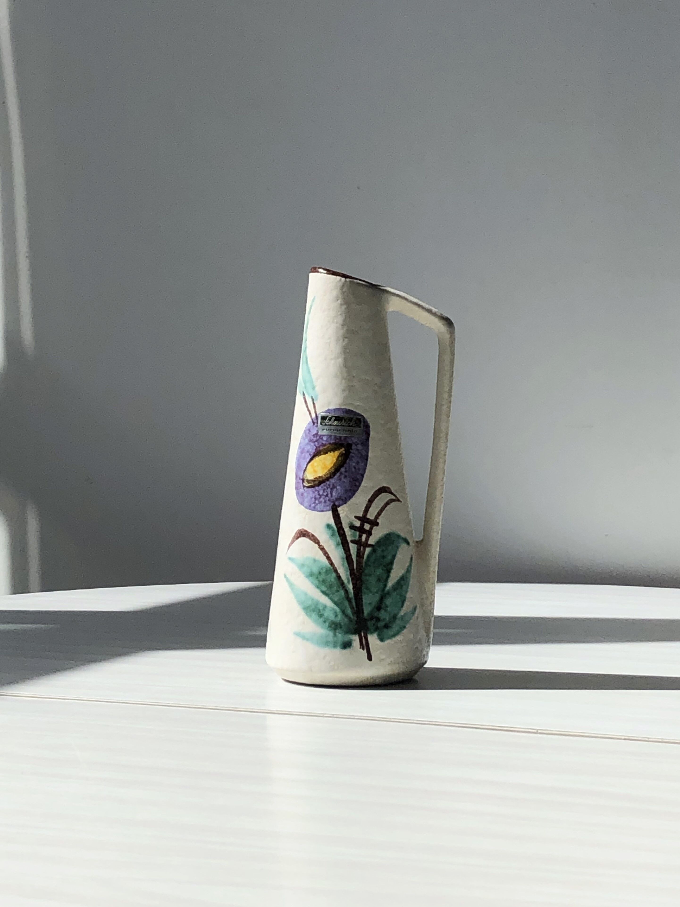 Very decorative colorful pitcher vase with Scheurich floral motif
