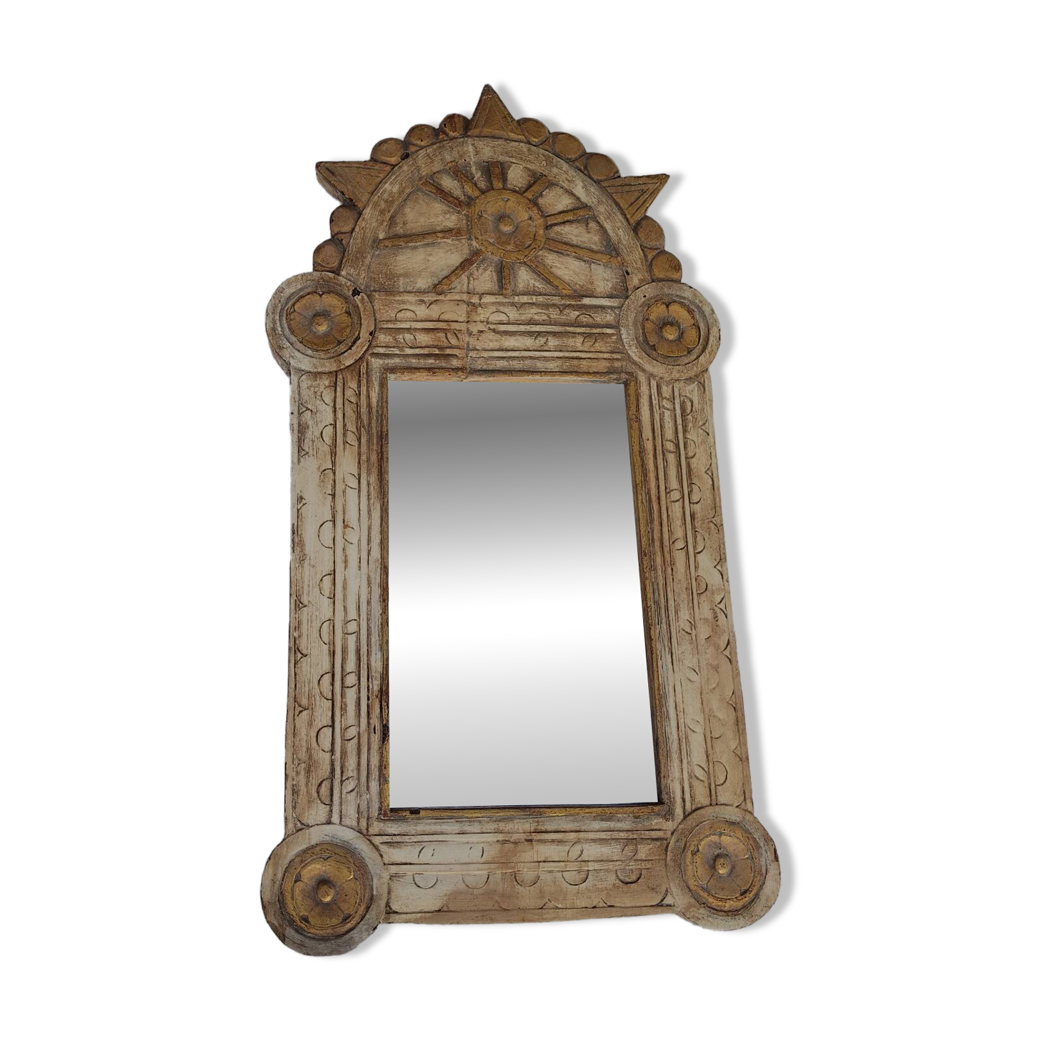 Miroir ancien en bois sculpté – Artisanat indien – Patine authentique