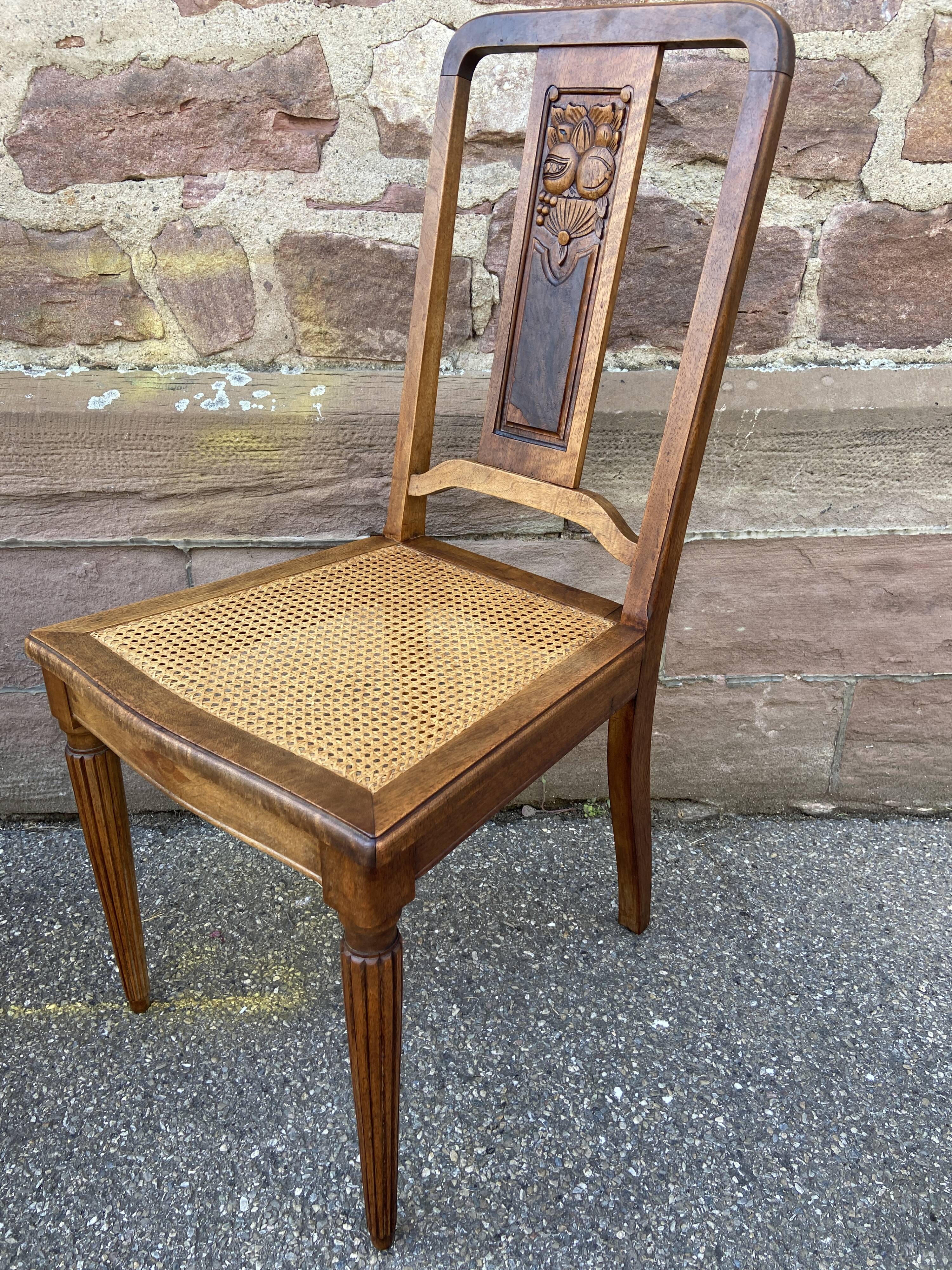 4 chaises noyer cannage Art déco 1930 motif floral French