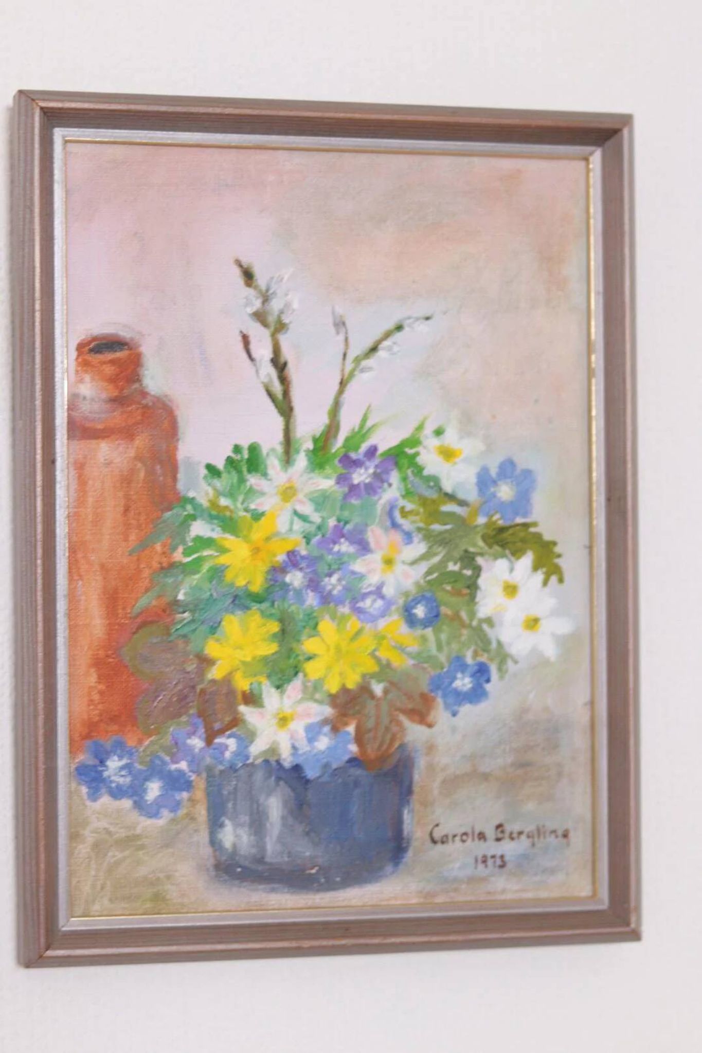 Huile sur toile originale suédoise – « Vase de fleurs » par Carola Bergling