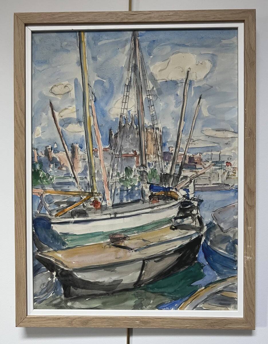 French School of the 20th Century, Sailboats in the Port of La Palma, Watercolour