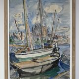 French School of the 20th Century, Sailboats in the Port of La Palma, Watercolour