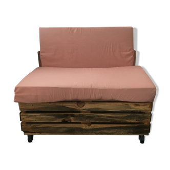 Wooden pallet sofa with trunk and LED lighting