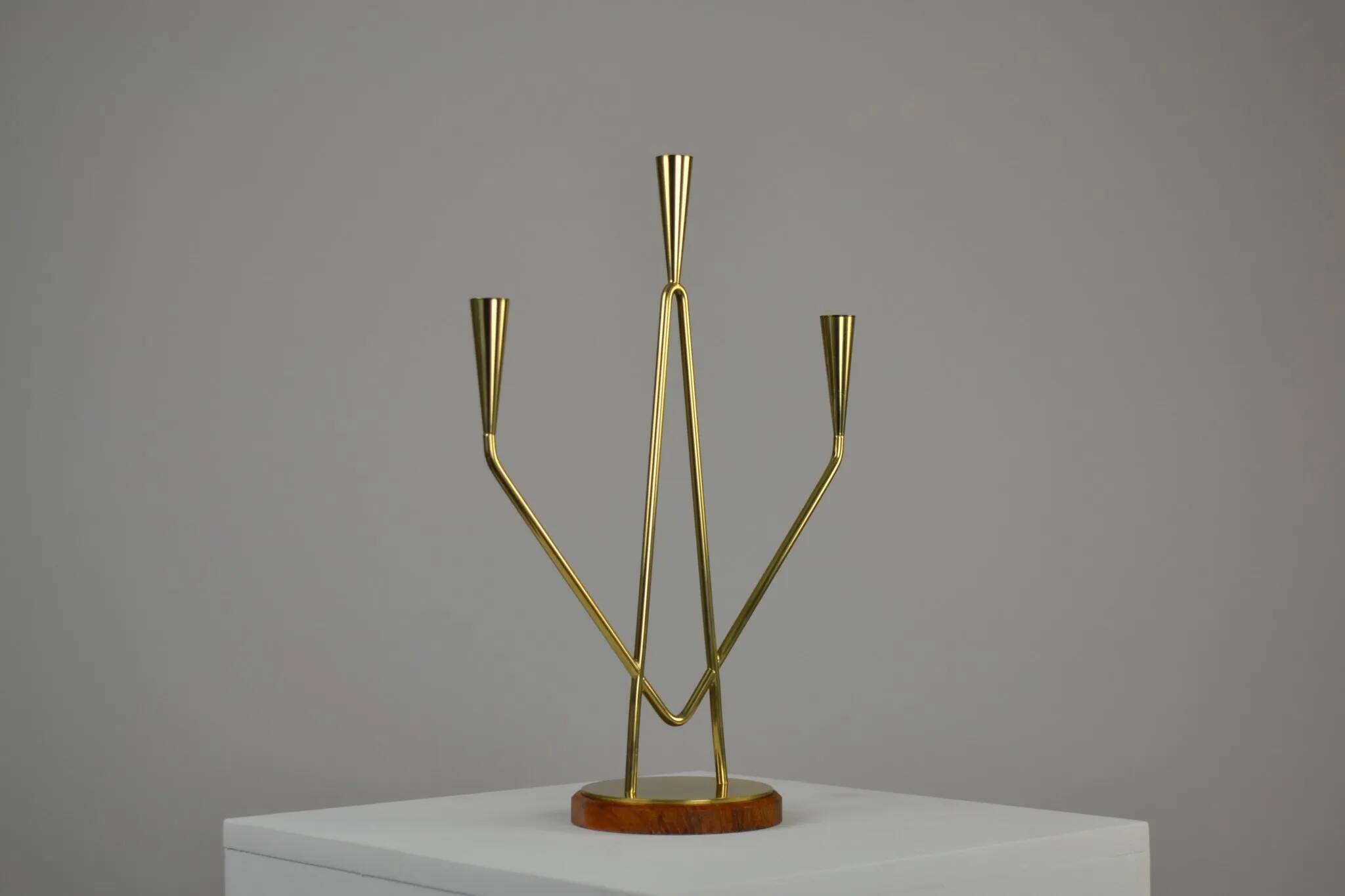 Brass and Teak Candelabra by Gunnar Ander for Ystad-Metall, Sweden, 1950s