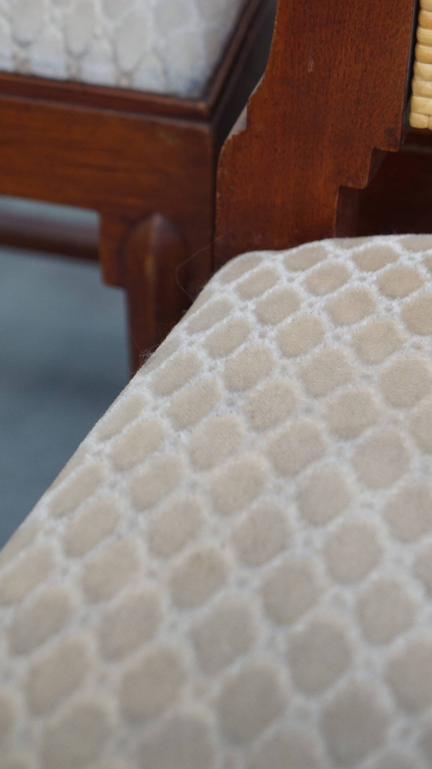 4 wooden Art Deco design dining chairs with a wicker seat and backrest