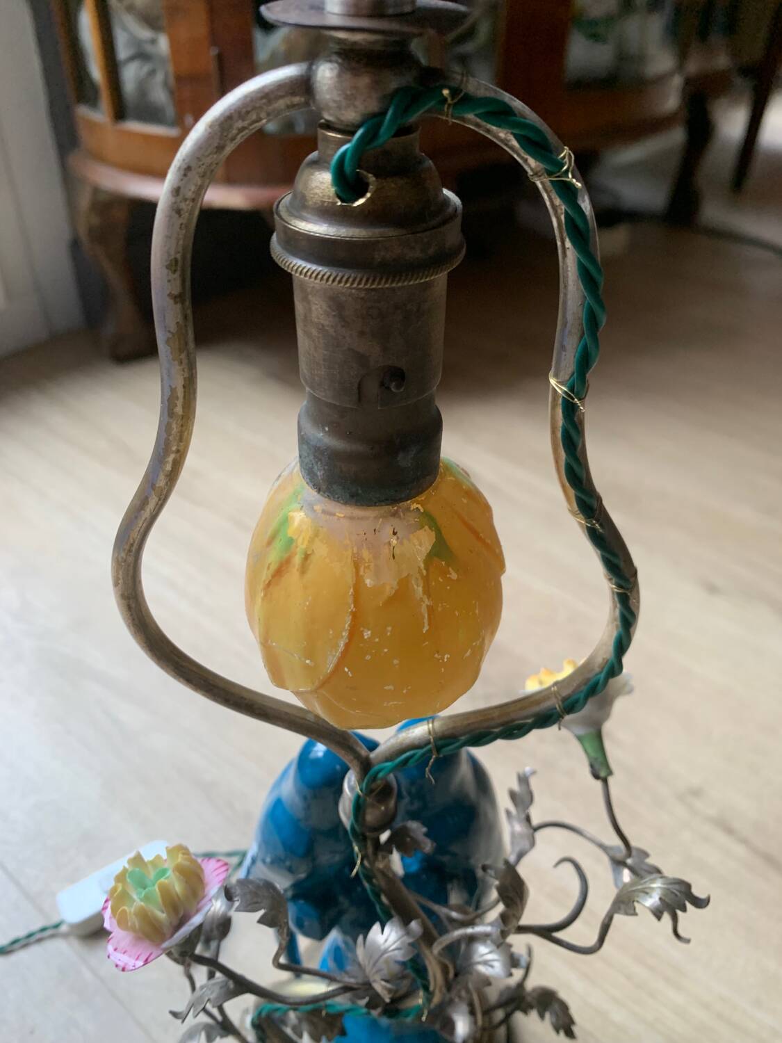 Superb Arras Lamp & Flower Faience - Silvered Bronze - Boler brand -