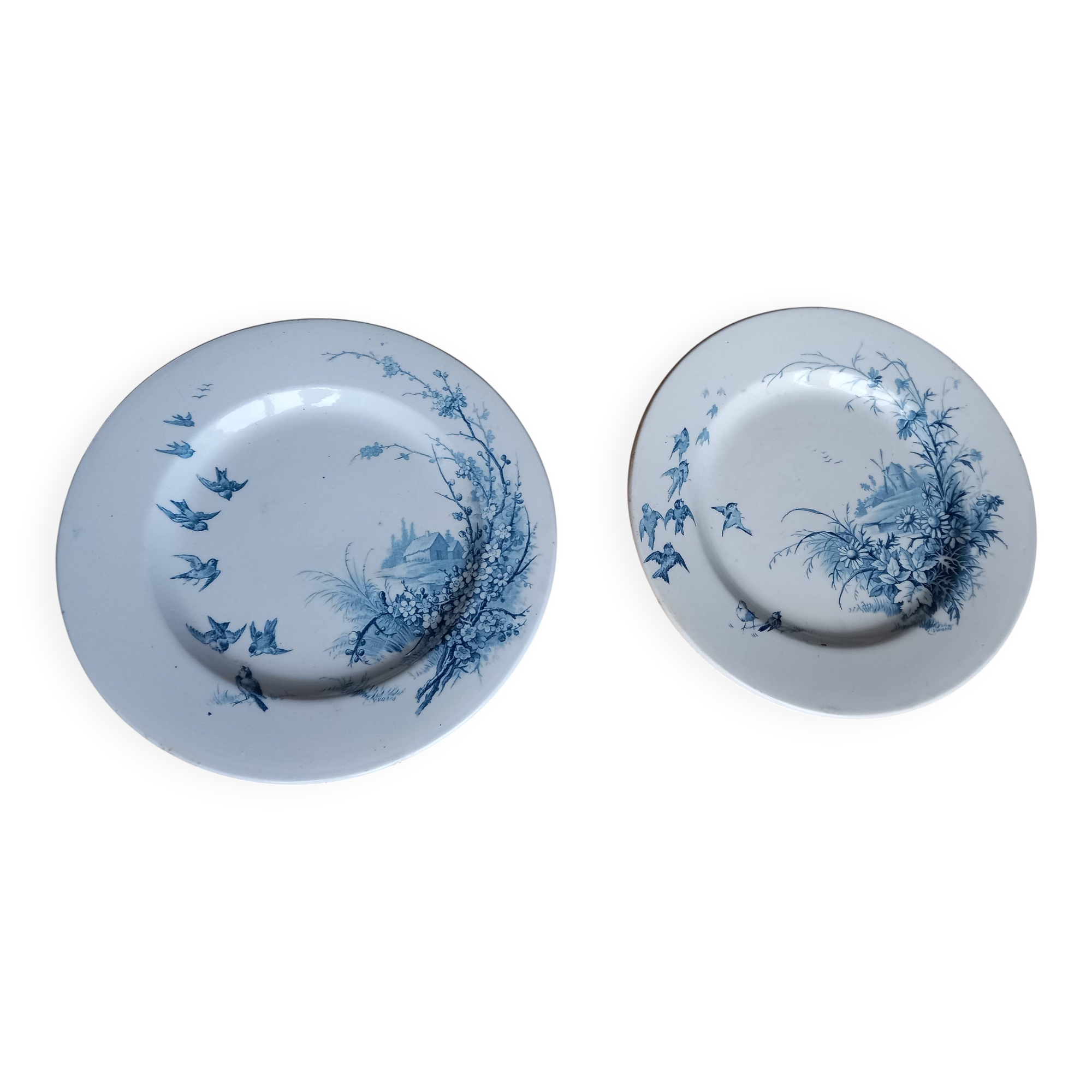 2 antique Gien earthenware plates, "Landscapes" decoration