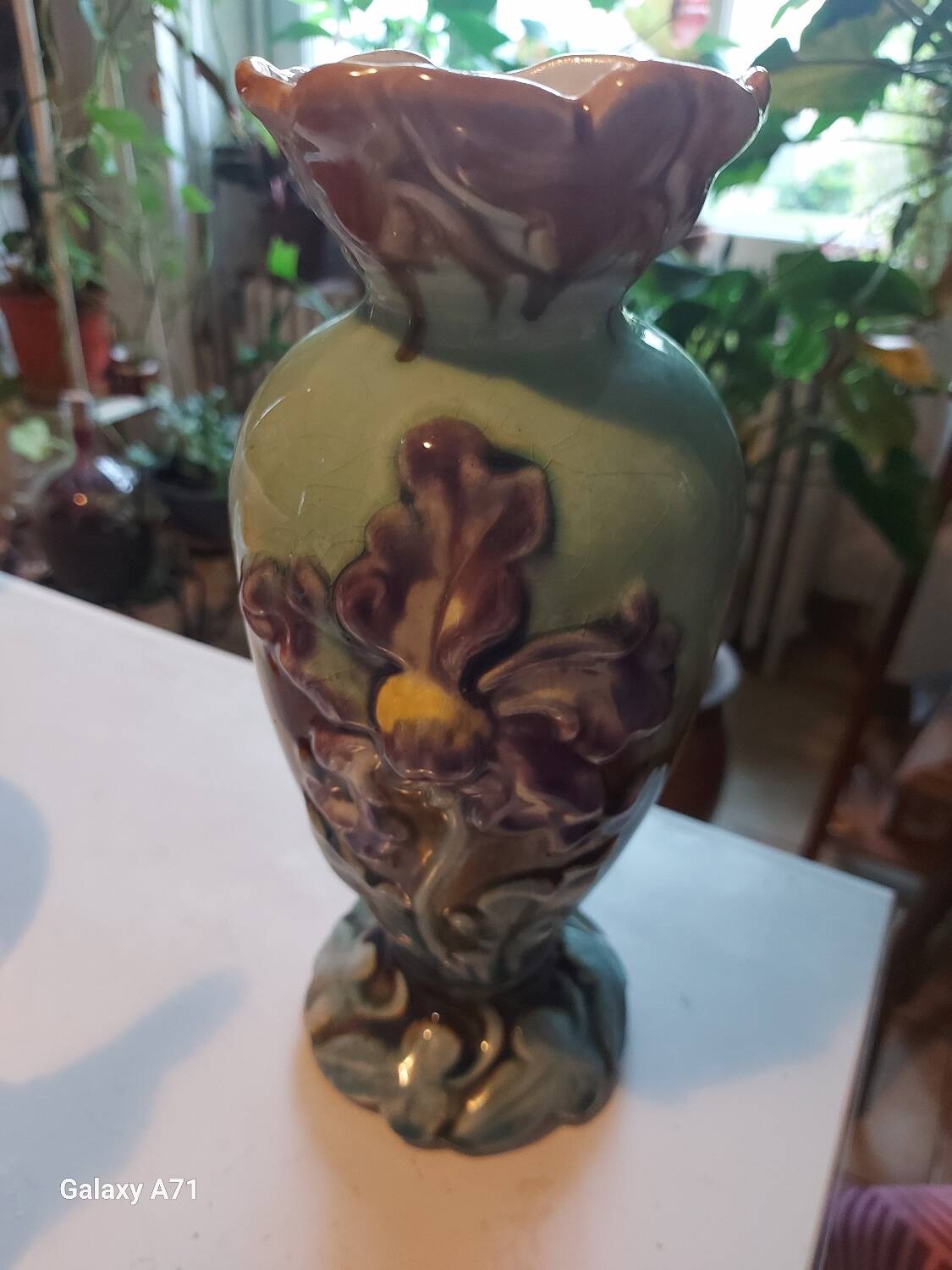 Antique iris flower vase in art deco style slip earthenware