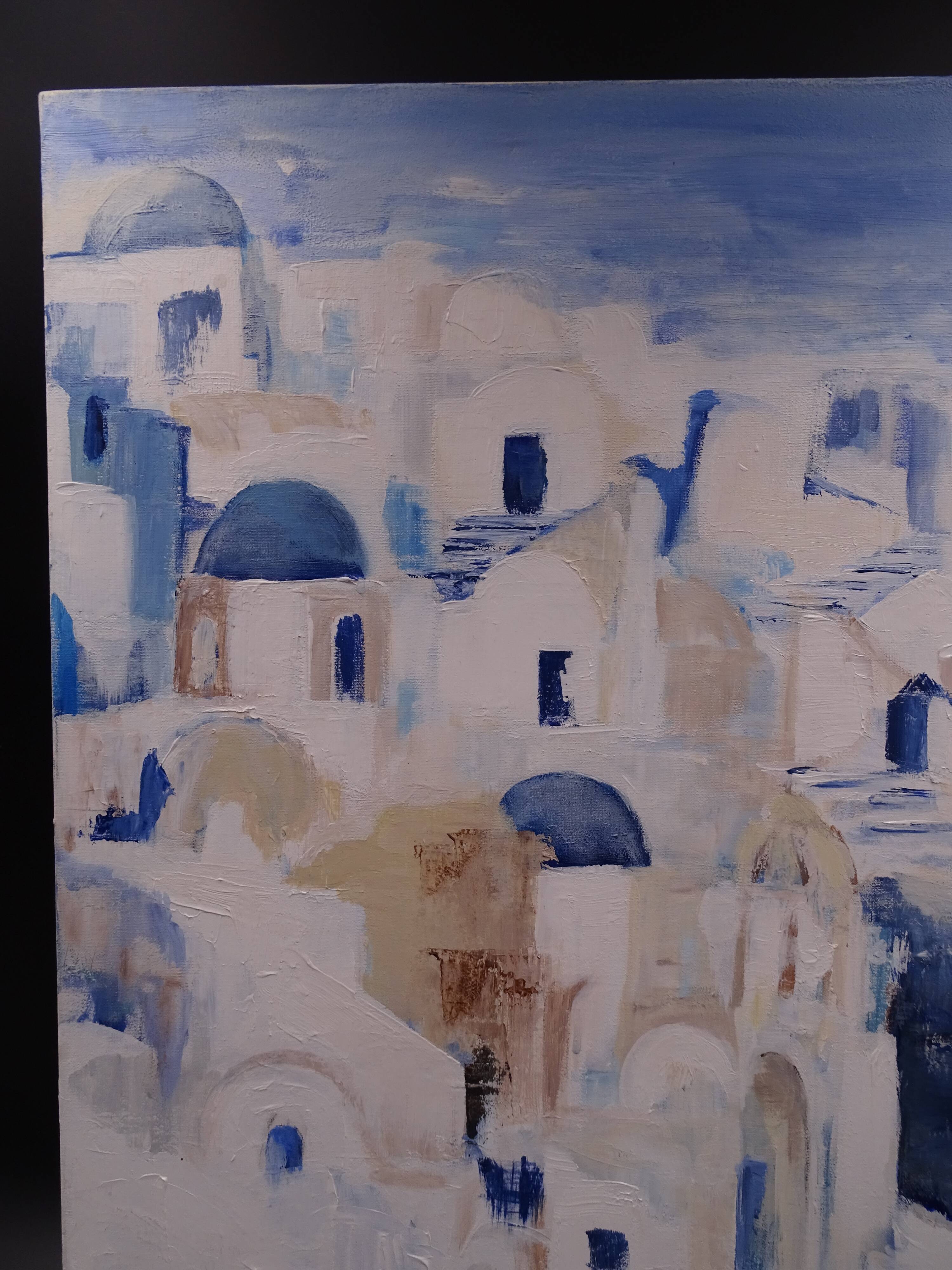 The Greek village - Pastel blue and ochre tones - Signed dated