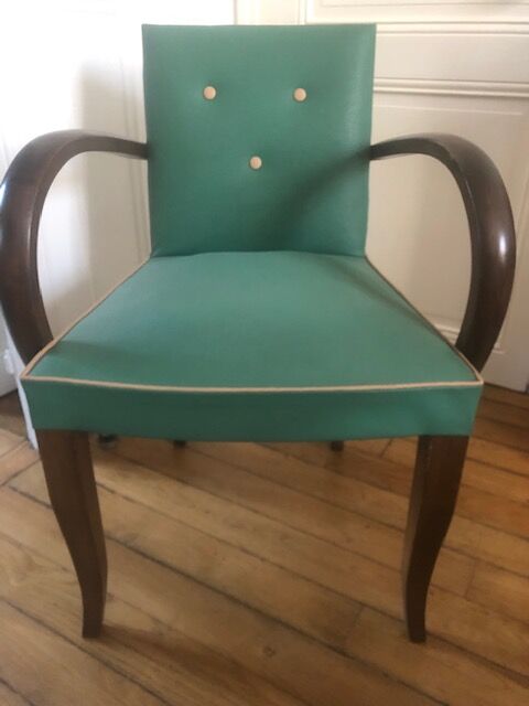 2 wooden and green skai club bridge armchairs