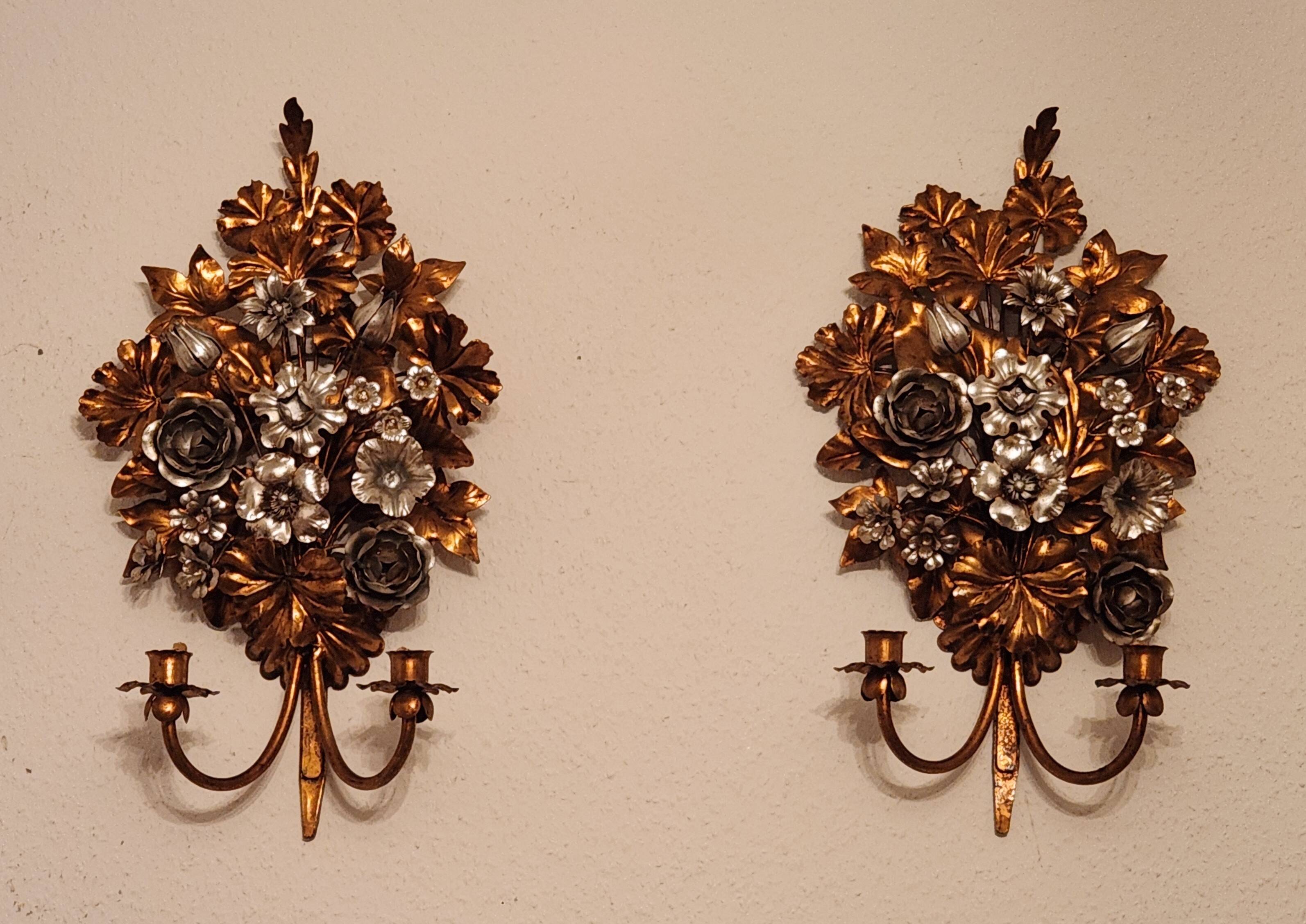 Hand-forged gilded silver-plated candle wall lamps by S. Salvadori