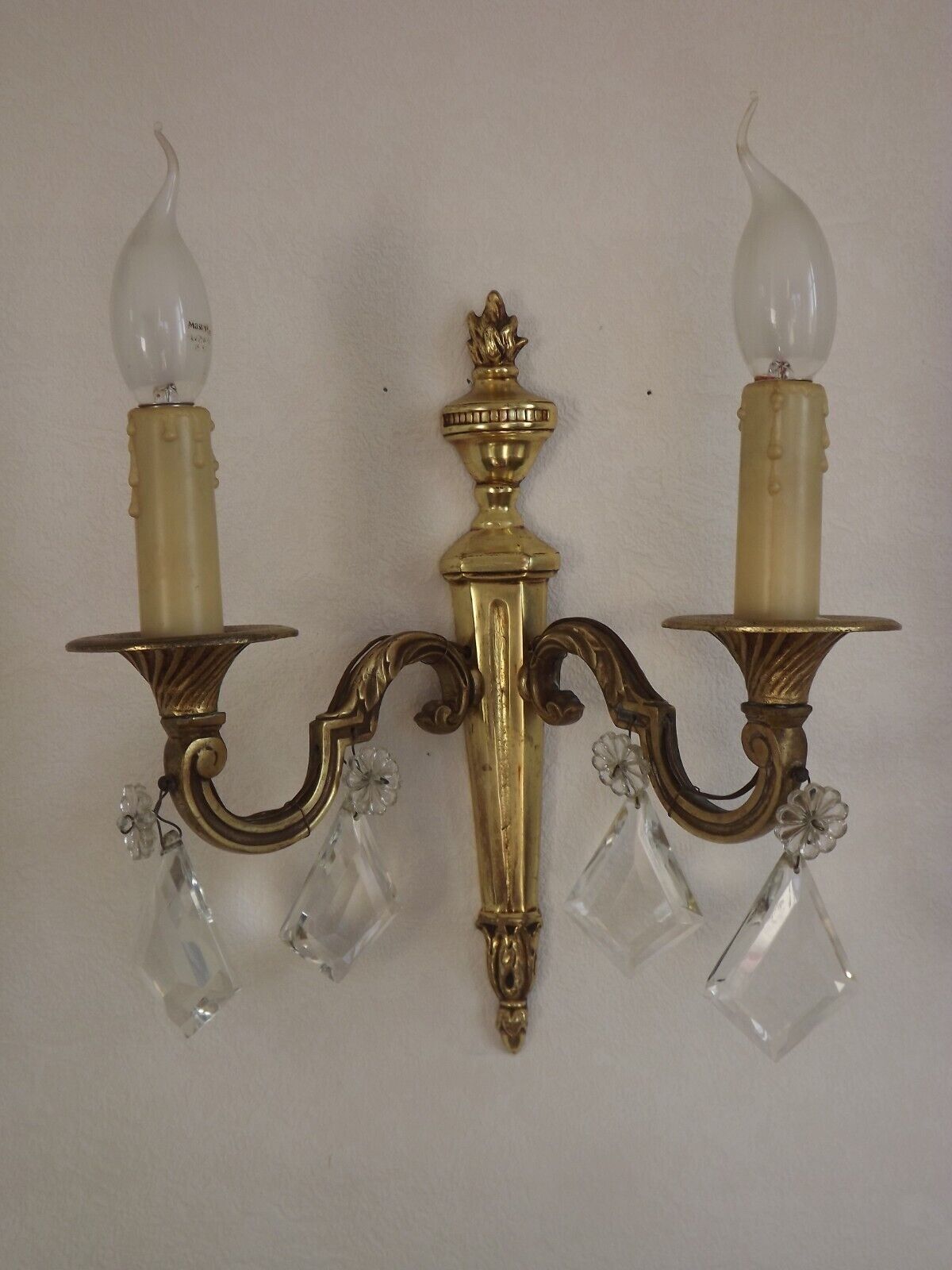 French Pair of Double Empire Brass Wall Sconces with Diamond Crystal Drops