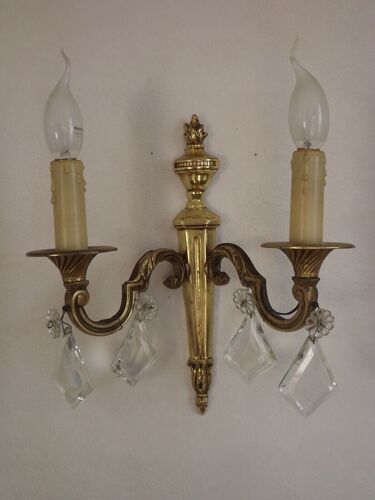 Pair of French empire brass double wall lights with diamond crystal drops