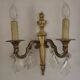French Pair of Double Empire Brass Wall Sconces with Diamond Crystal Drops