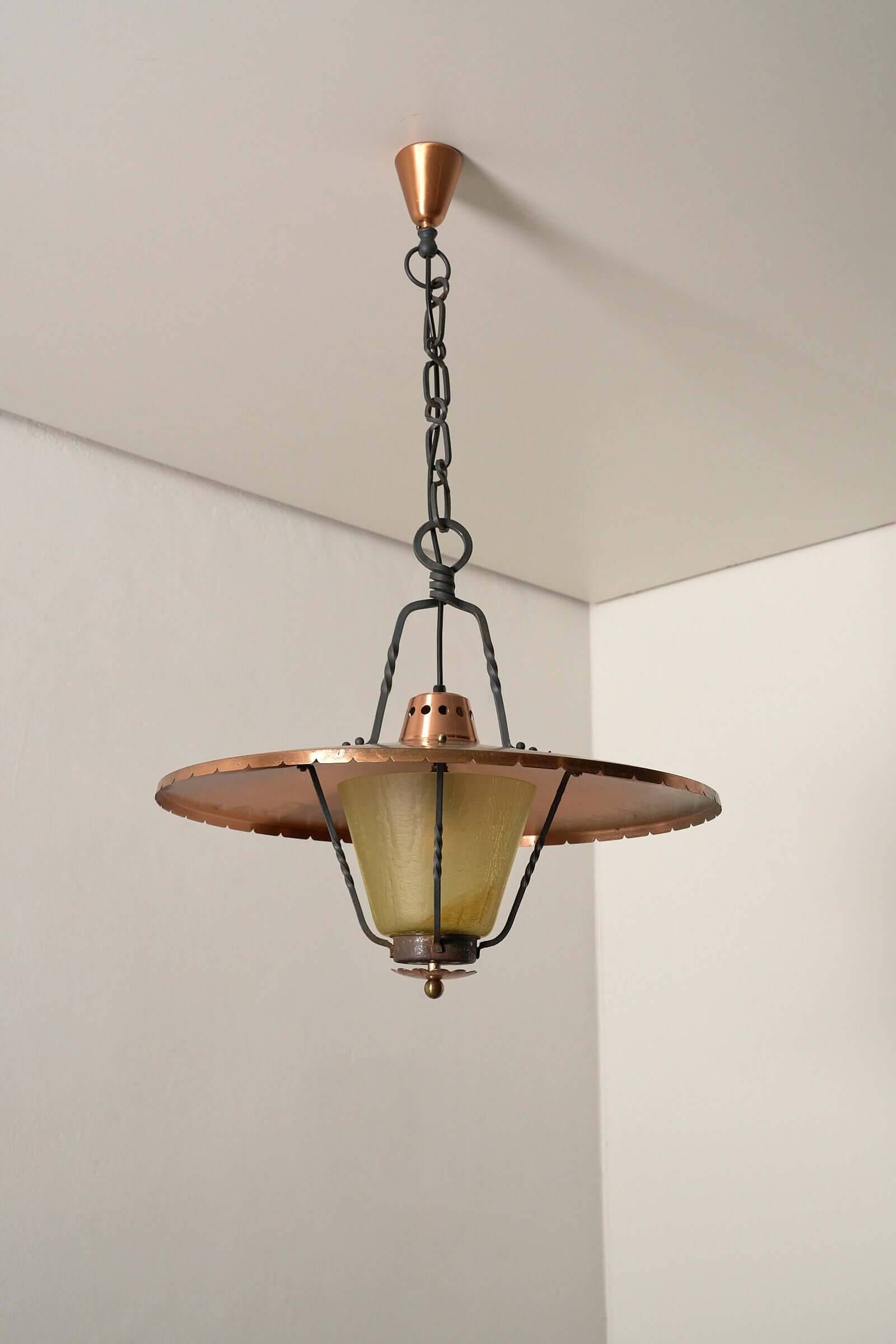 Wrought iron and copper pendant lamp with textured glass diffuser
