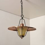 Wrought iron and copper pendant lamp with textured glass diffuser