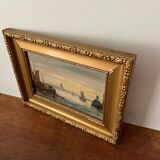 Voilier relaxant et pêche sur la peinture à l'huile du lac à bord