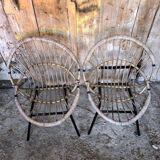 Paire de fauteuil enfant coque rotin & pied metal noir vintage