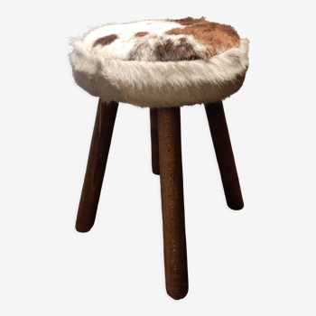 Tabouret bois cuir peau de vache design scandinave
