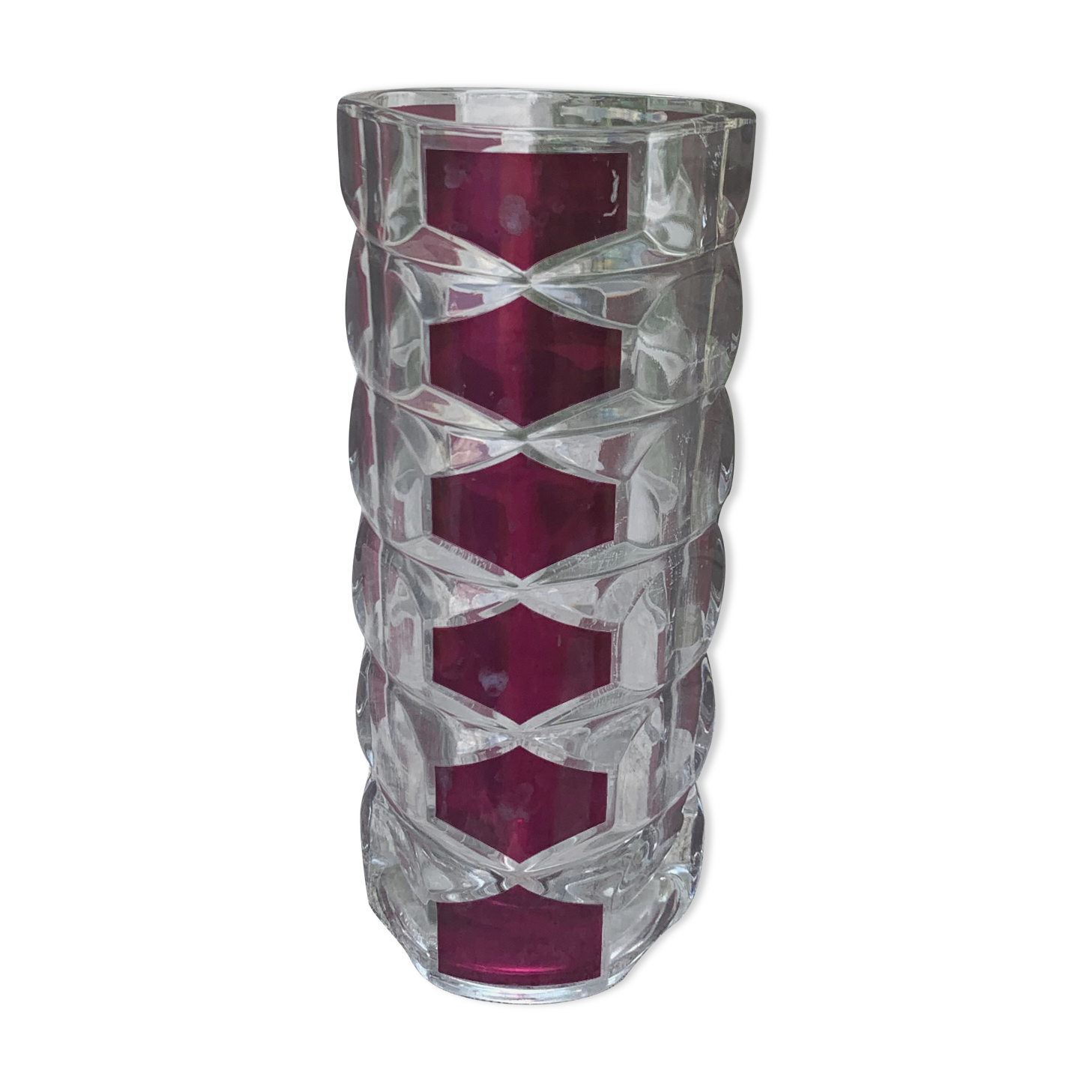 Transparent glass vase and burgundy design and vintage 1970