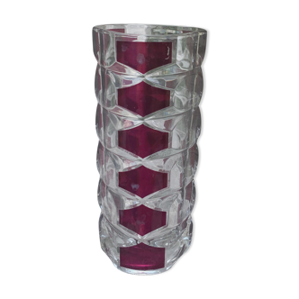 Vase en verre transparent et bordeaux design et vintage 1970