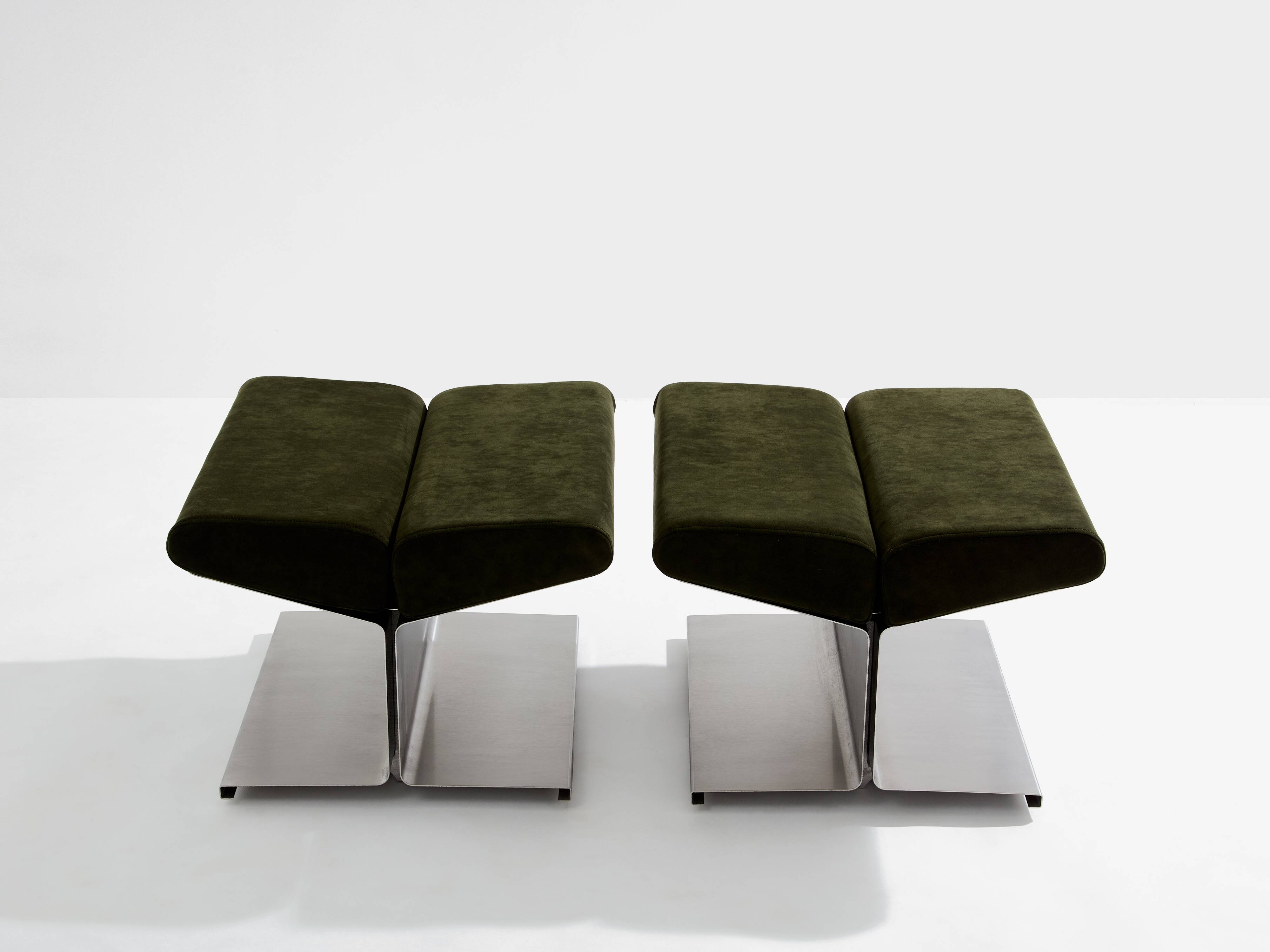 Pair of ottomans by Paul Geoffroy, brushed steel and alcantara, 1975
