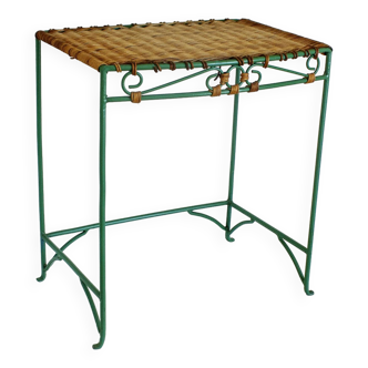 Vintage wicker side table with green iron frame rattan basketry
