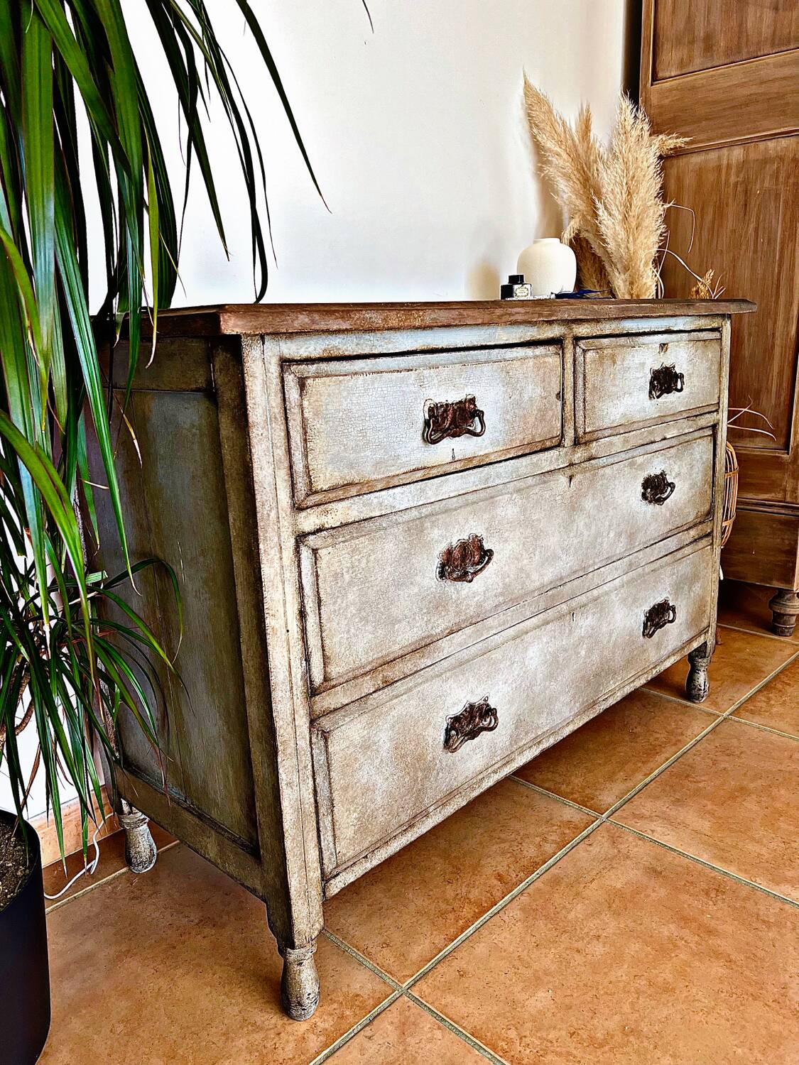 Antique commode, patinated, blue-grey Tuscany.