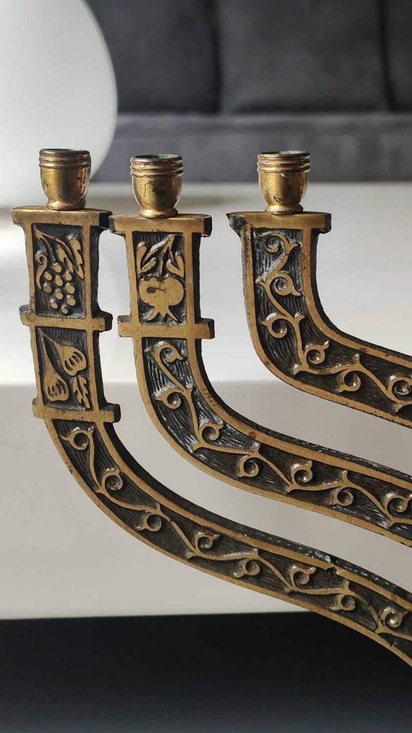 Old Large Menorah/Jewish/Hebrew Candlestick with 7 lights. Signed "Israel". 1950s. Size 23 x 24 cm
