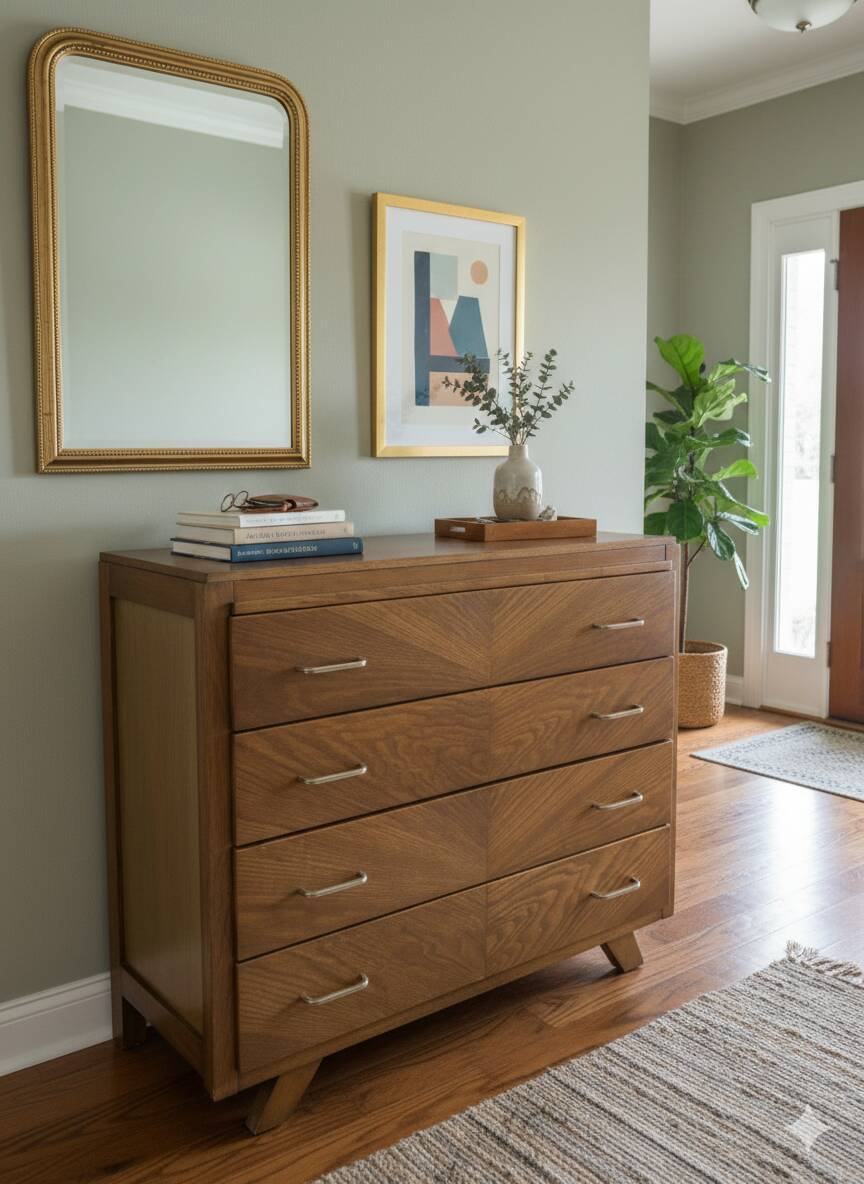 Vintage oak chest of drawers with herringbone patterns from the 1960s.