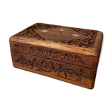 Carved wooden box with brass inlay