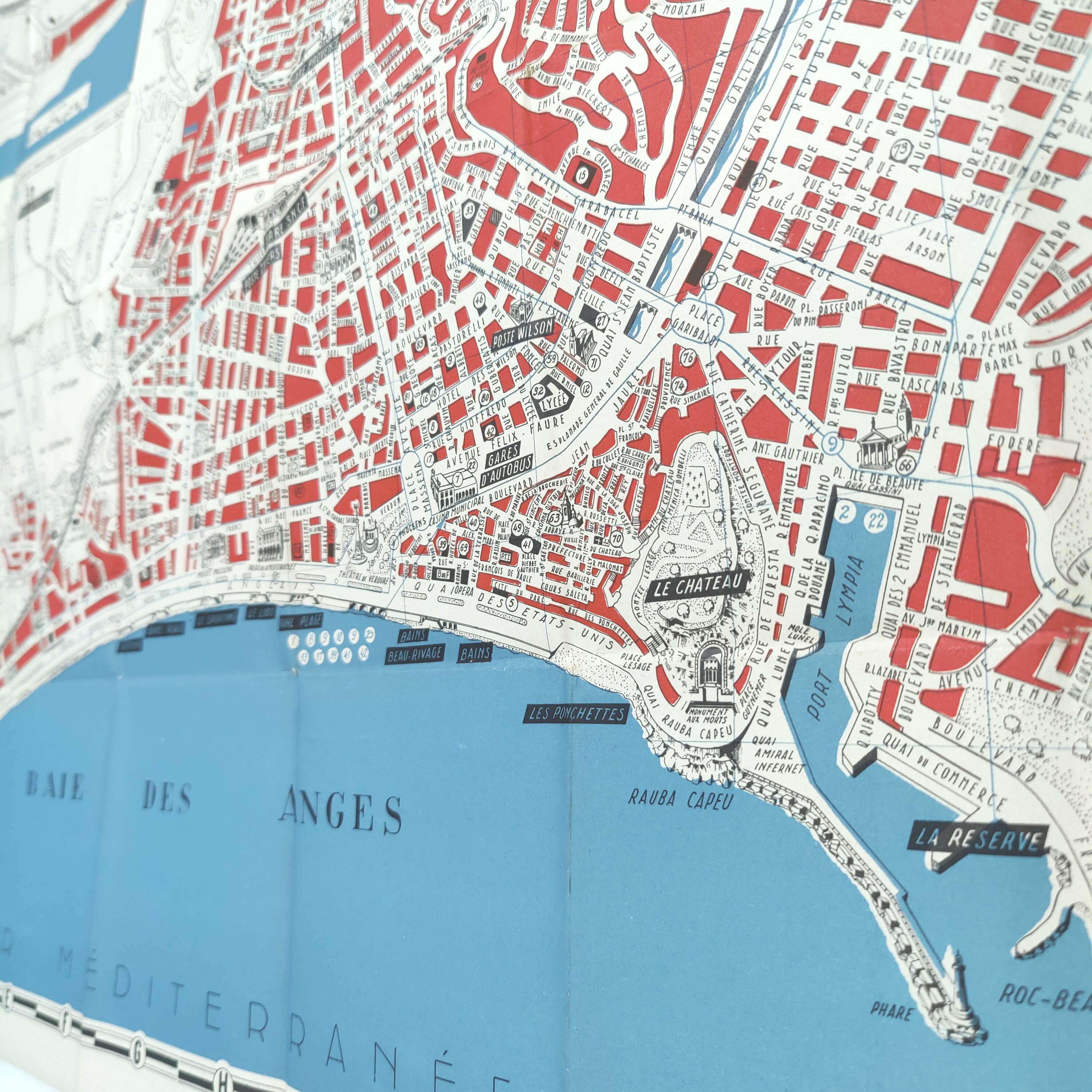 Tourist map of Nice 1950 French Riviera
