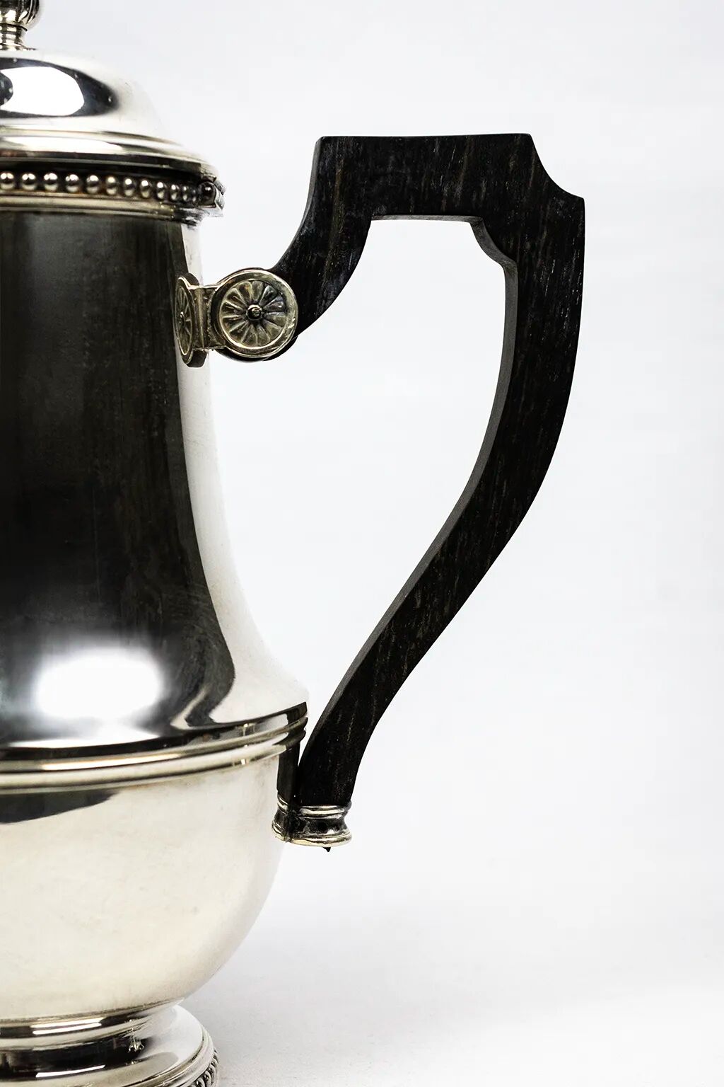 Silver-plated metal coffee pot Ercuis — decorated with bead friezes, ebony handle.