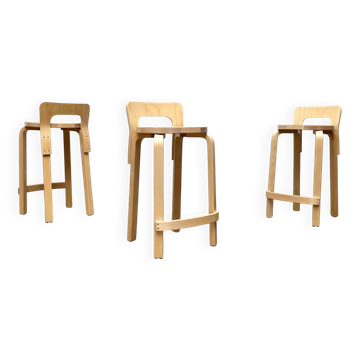 Mid-Century Modern High Stools K65 by Alvar Aalto for Artek, Finland, 2017, Set of 3