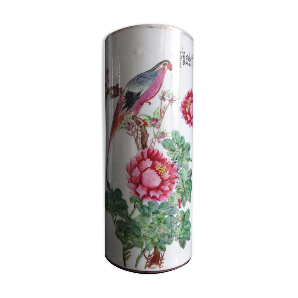 Ancien vase rouleau chinois perroquet porcelaine poeme marque