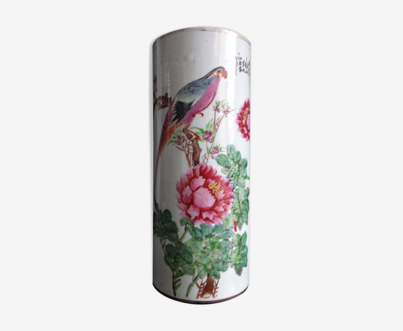 Ancien vase rouleau chinois perroquet porcelaine chinet poeme marque XIX