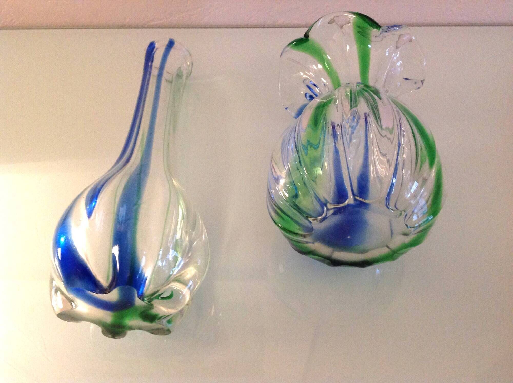 Pair of soliflore vases in polychrome ribbed glass / vintage 60s-70s