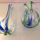 Pair of soliflore vases in polychrome ribbed glass / vintage 60s-70s