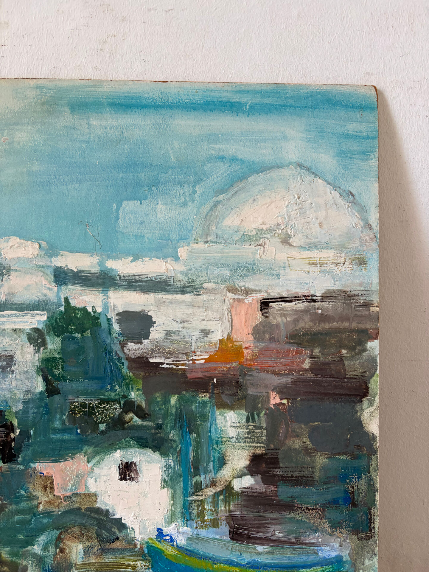 Village by the water, oil on panel signed Morabia.