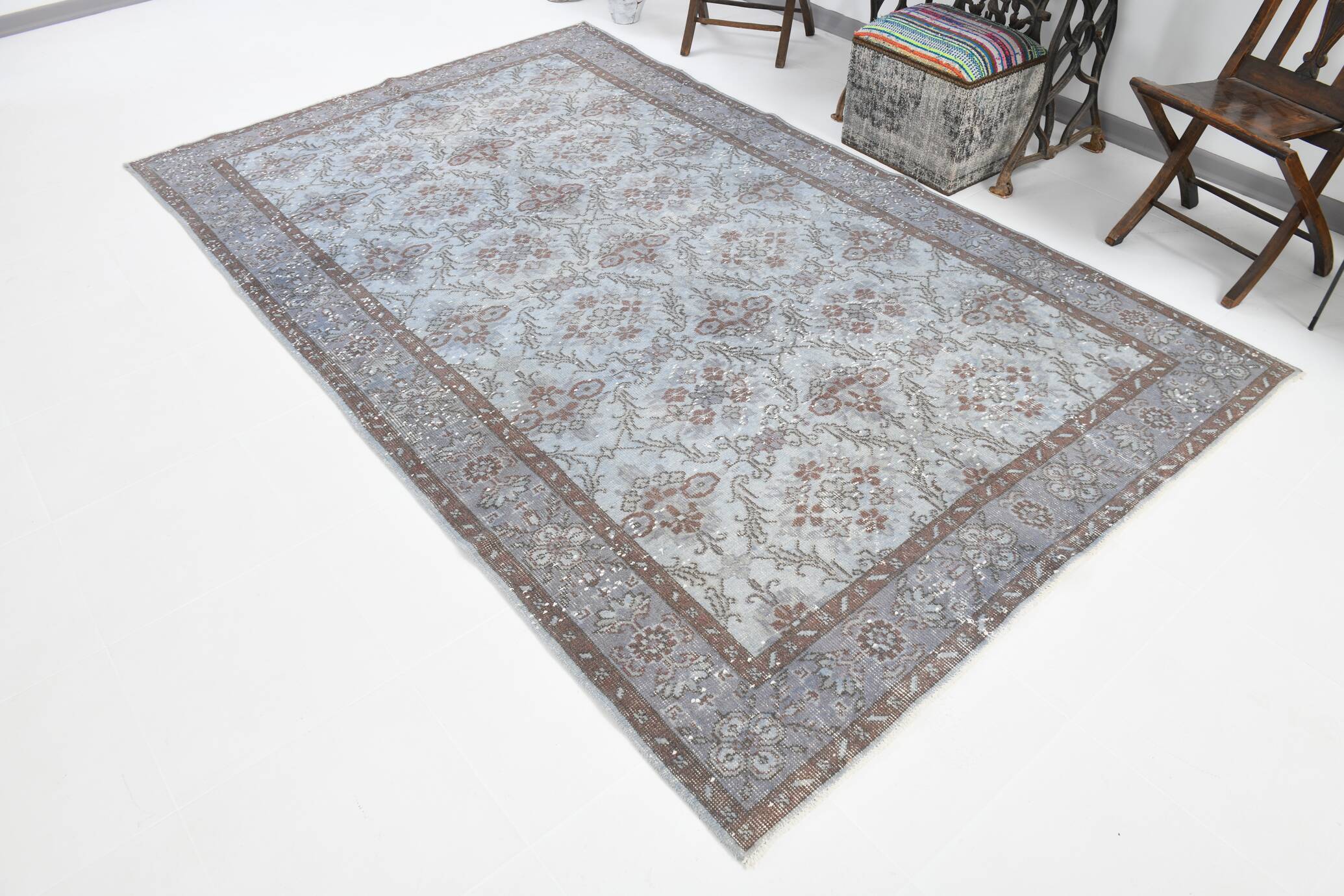 6x10 Rug For Living Room Bordered Blue Turkish Vintage Area Rug, 184x301Cm SK 1512
