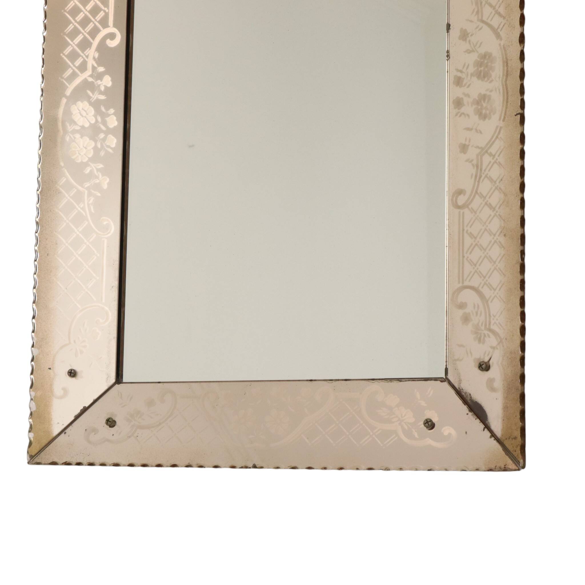 Large Venetian mirror, pink glass with engraved flowers, 77 cm