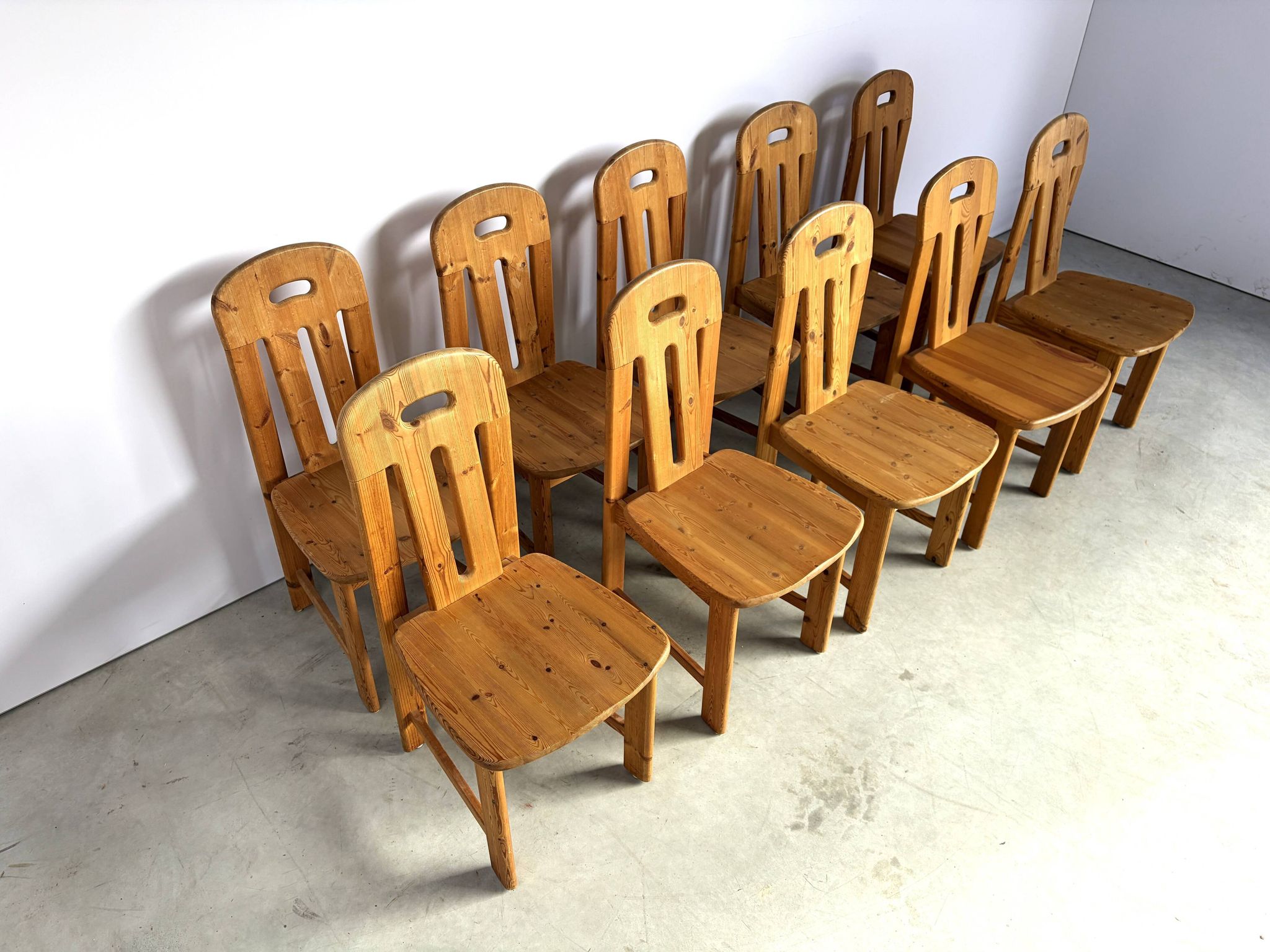 Set of 10 pine wood dining chairs by Effezeta Italy, 1970s