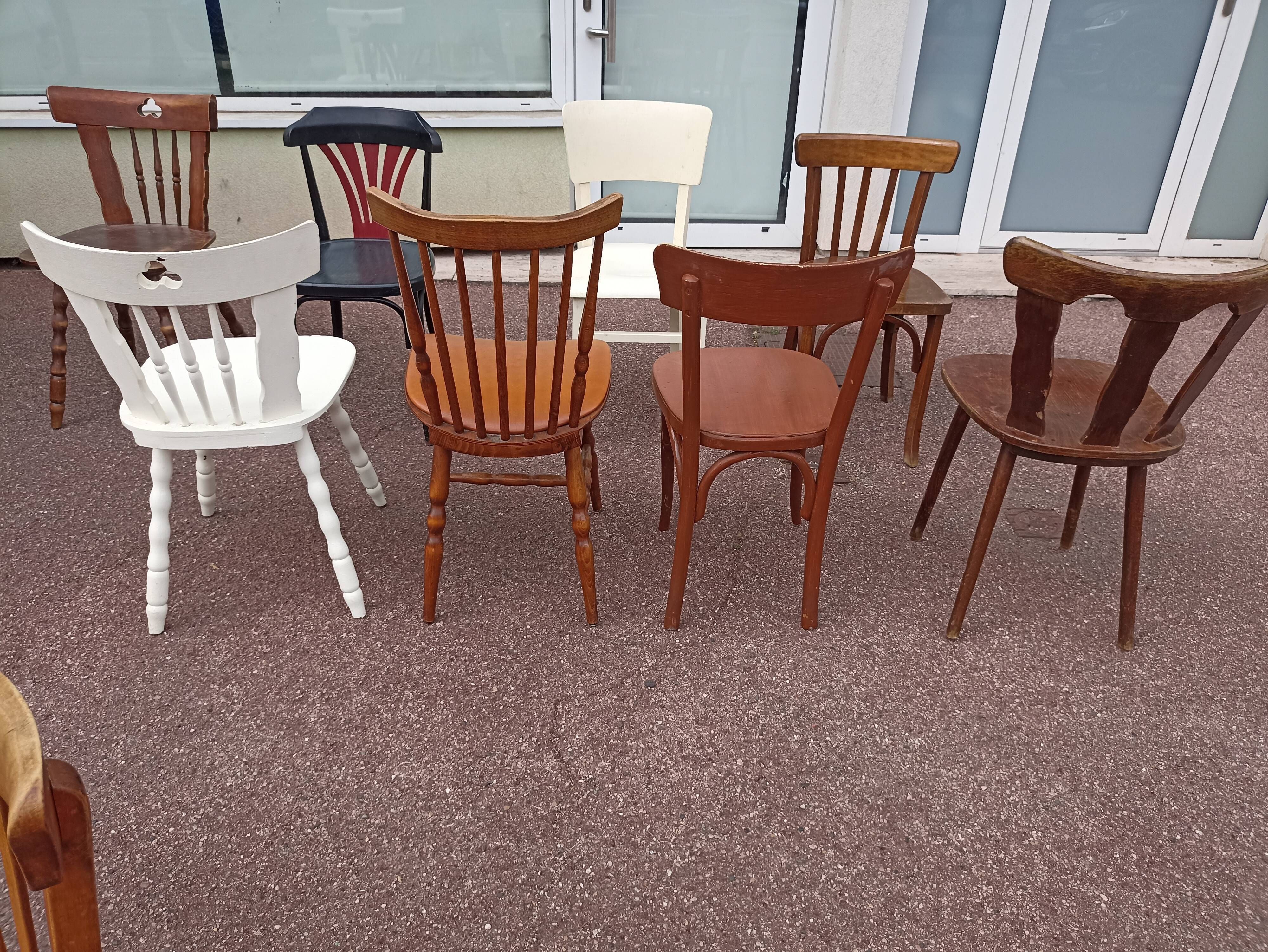 Set of 12 mismatched wooden bistro chairs - vintage